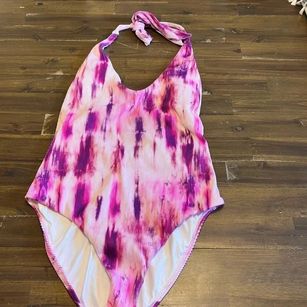 PQ Swim Spell Avery Tie Dye Pink Purple Halter One Piece Swimsuit Bikini Large